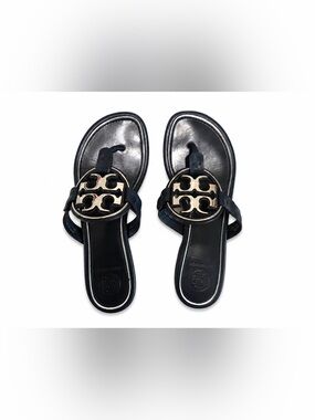 Tory Burch Navy Miller Metal Logo Thong Sandals Silver Size 5